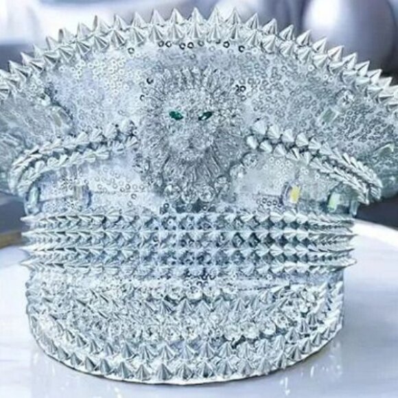 Silver Captain Hat Featuring a Rhinestone Lion with Emerald eyes main image 3